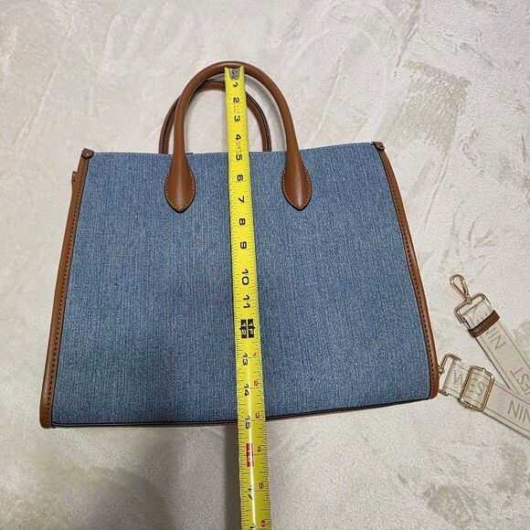 Nine West Jolene Blue Denim Tote Zip Pocket Snap Close Gold Hardware Adj Strap - Picture 10 of 11